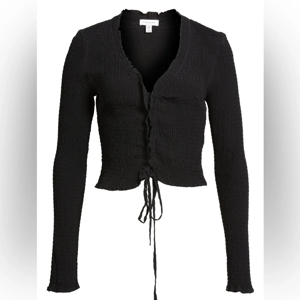 ✨NWT Topshop Black Ruched Long Sleeve Lace-Up Top V Neck Minimalist Going Out
